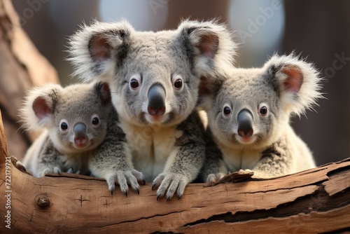 A cuddly crew of furry marsupials perch atop a wooden log, their snouts peeking out as they bask in the outdoor serenity of their natural habitat