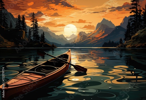 As the sun sets behind the majestic mountains, a lone canoe glides peacefully across the tranquil lake, serving as a symbol of freedom and adventure in the great outdoors