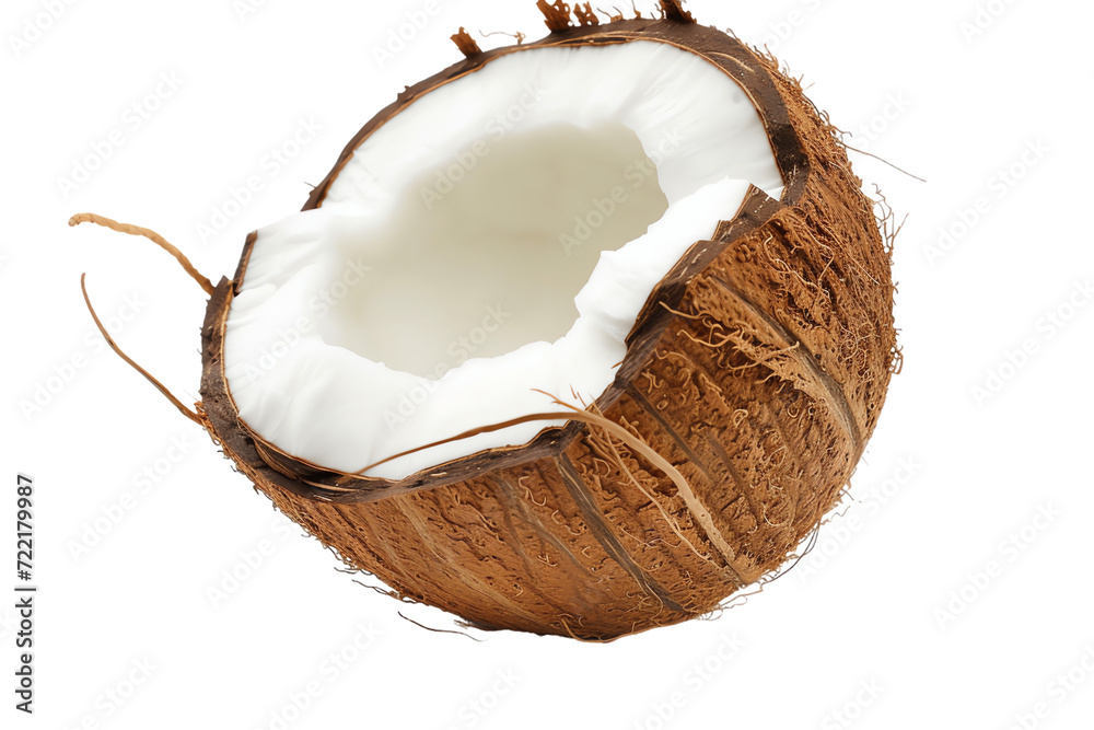 Fresh coconut isolated on a clean white background, showcasing its natural, healthy, and exotic qualities with a focus on the cracked open shell and nutritious contents Fresh coconut isolated on a clean white background, showcasing its natural, healthy, and exotic qualities with a focus on the cracked open shell and nutritious contents