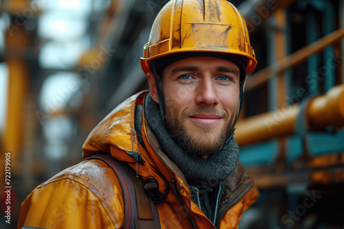 Oilman on an oil production platform, construction, building and inspection, manage work at job site, construction worker and inspector, engineer builder for renovation