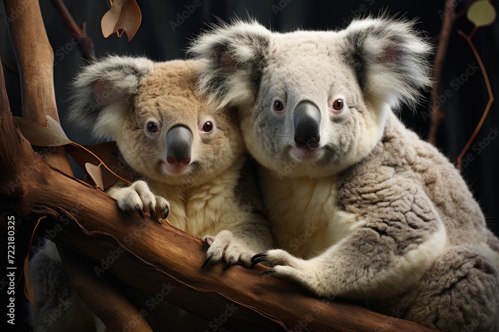 Two furry koalas cuddle on a tree branch, their snouts peeking out