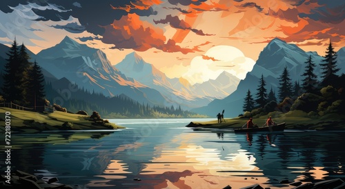 Nature's beauty captured in a stunning painting of a tranquil lake nestled among majestic mountains, surrounded by lush trees and adorned with colorful clouds reflecting the warm hues of a breathtaki