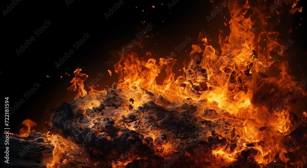 Bonfire closeup, burning firewood