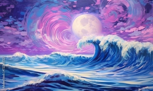 Fantasy sea with moon in night sky, magical abstract background