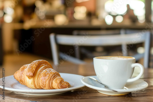 Coffee cup and croissant on table, blurred cafe background