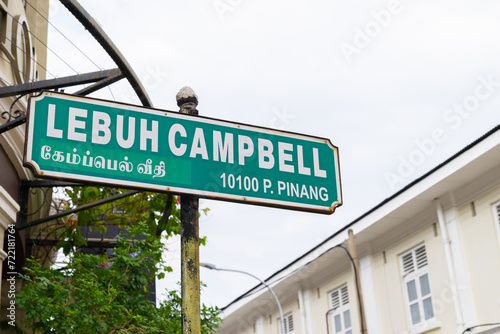 Campbell Street street sign in George Town, Penang, Malaysia with surrounding building as background.