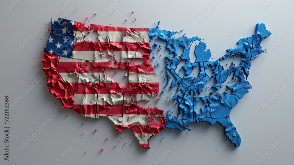 United States Map Falling to Pieces, American Flag, Political Election - Generative AI