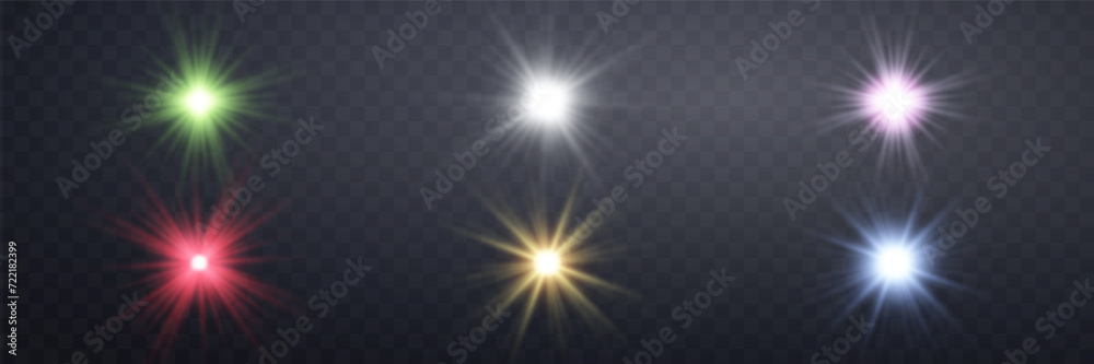 Different colors sunlight lens flare, sun flash with rays and spotlight. Glowing burst explosion on a transparent background. Vector illustration.