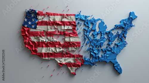 Obraz na płótnie United States Map Falling to Pieces, American Flag, Political Election - Generative AI w salonie
