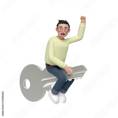 A man is riding on a key with a white background. 3D Cartoon