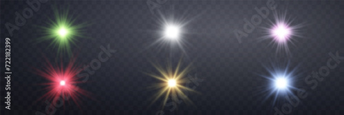 Different colors sunlight lens flare, sun flash with rays and spotlight. Glowing burst explosion on a transparent background. Vector illustration.