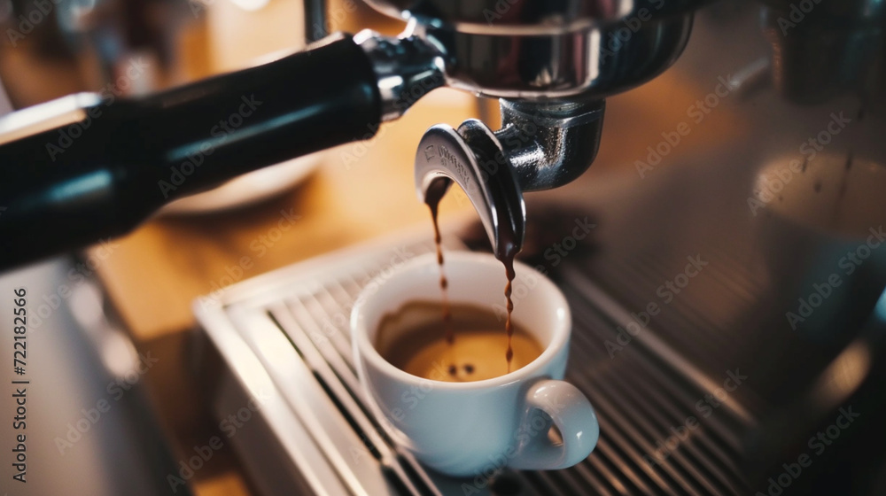 Fresh espresso prepared in the coffee machine. The best formula to start the day vigorously. background