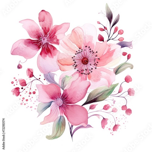 Pink several pattern flower, sketch, illust, abstract watercolor, flat design, white background