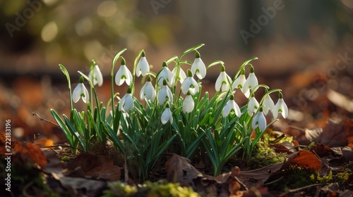 A bunch of snowdrops in the grass in park. 