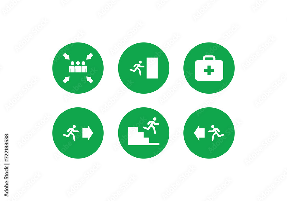 emergency exit ready. Man runs out of fire exit. Running and exit signs. Running away helps with evacuation. Vector symbols set emergency exit ready. Man runs out of fire exit. Running and exit signs. Running away helps with evacuation. Vector symbols set