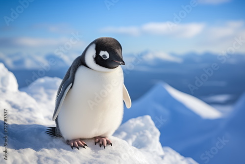 portrait of penguin on snow mountain. Generated AI © jirayut