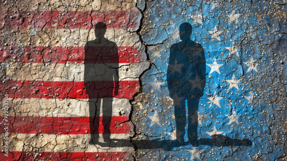 Political Republican Democrat Candidates Silhouette, American Flag Division, Generative AI