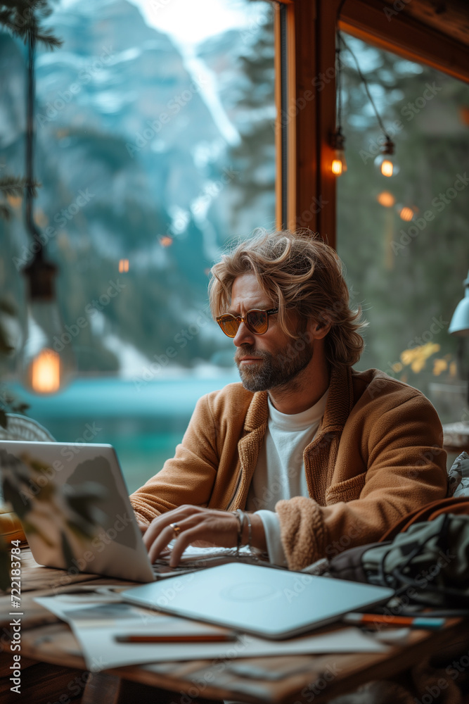 young man sitting at a computer in front of a winter window