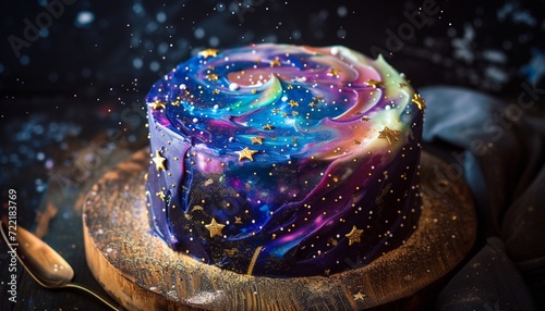 A visually stunning ultra-HD picture of a celestial galaxy-themed birthday cake, adorned with cosmic colors and edible stars