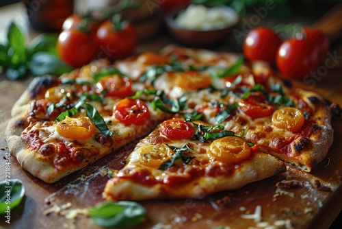 Indulge in a mouth-watering slice of california-style pizza topped with fresh tomatoes, fragrant basil, and gooey cheese on a rustic indoor table, the perfect fusion of italian cuisine and fast food