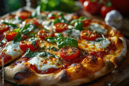 An indulgent california-style pizza loaded with fresh tomatoes, fragrant basil, and gooey cheese, perfect for a cozy indoor meal or a quick and satisfying bite of italian cuisine