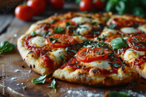 A rustic  mouth-watering pizza with juicy tomatoes and fragrant basil  served on a charming wooden board - the perfect embodiment of italian cuisine and californian style fast food