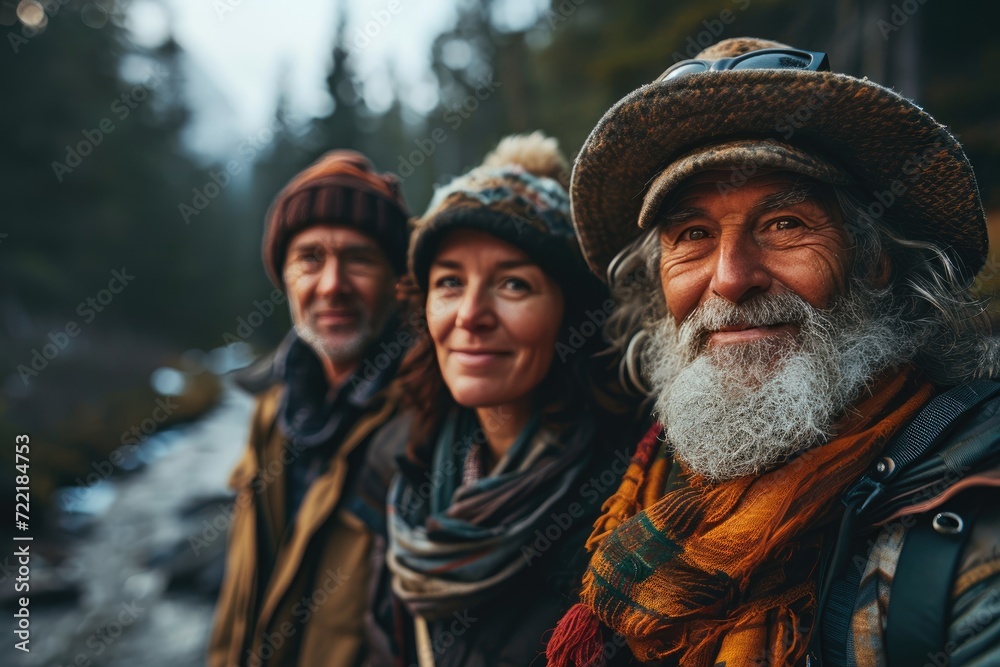 A jovial group braves the winter chill, their smiling faces adorned with scarves and headgear, as they gather for a portrait in their stylish outdoor clothing