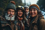 A cheerful group of friends, bundled up in cozy winter gear, stand together with bright smiles and stylish headgear against the snowy outdoor backdrop