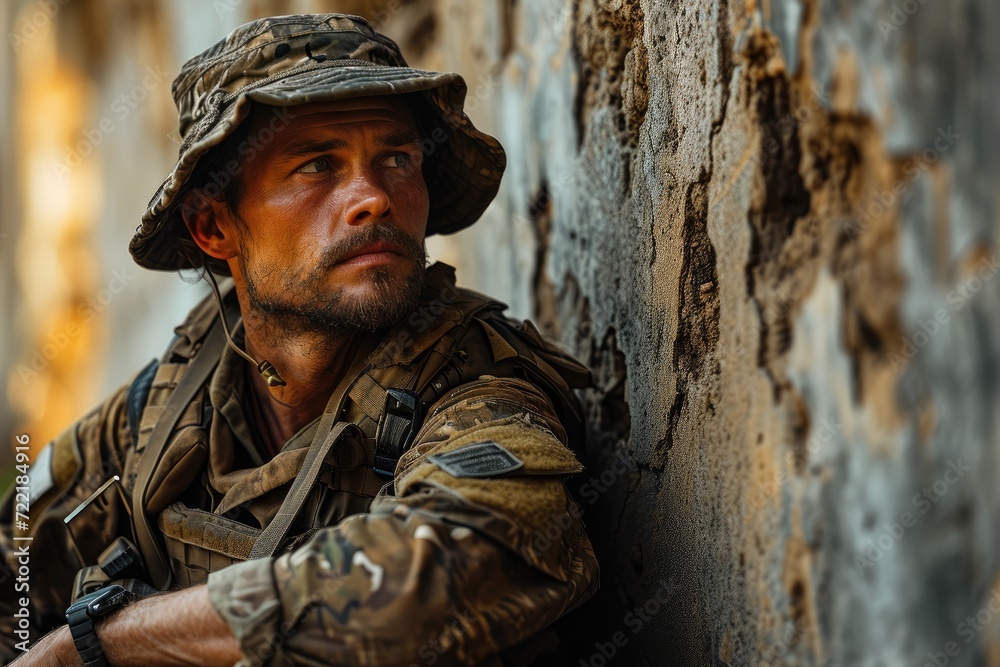 Fototapeta premium A rugged soldier takes a moment to reflect against a brick wall, the sun hat on his head adding a touch of style to his military uniform
