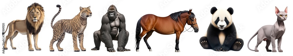 Close up set of animals African lion, big cat, gorilla, horse, panda, sphynx cat isolated on transparent background. Generative AI	