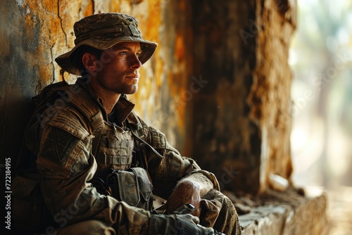 A stoic soldier gazes out the window, his camouflaged uniform blending seamlessly with the outdoor scenery