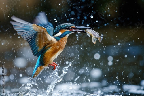 A majestic kingfisher braves the winter snow, triumphantly holding a shimmering fish in its vibrant blue beak, showcasing the resilience and beauty of nature's wildlife © LifeMedia