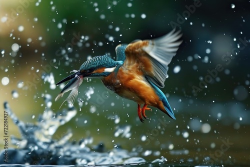 A majestic kingfisher emerges from the water, proudly displaying its prized catch in its beak as it soars through the outdoor wilderness © LifeMedia