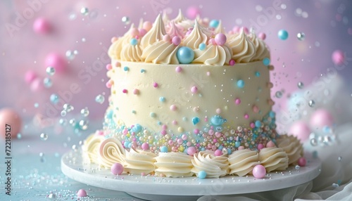 An 8K image capturing the joyous essence of a classic vanilla birthday cake  beautifully decorated with pastel-hued buttercream swirls and edible pearls