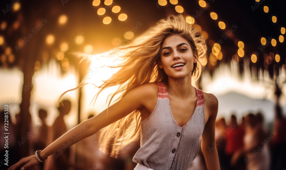 Fototapeta premium Joyful young woman dancing at a summer beach party with sun flare and bokeh lights in the background, feeling the rhythm and enjoying the moment
