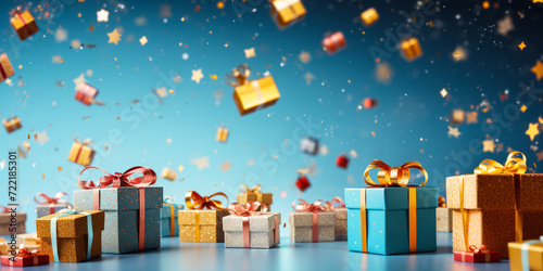 Festive celebration concept with numerous colorful gift boxes floating against a cheerful blue background with shimmering confetti