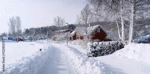 Snowy winter village. Europe, Finland. 