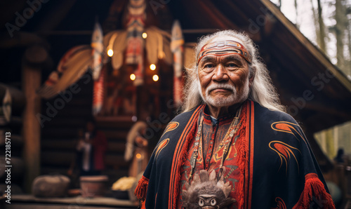 Elder Indigenous man in traditional regalia standing proudly before a totem pole and cultural longhouse in the Pacific Northwest