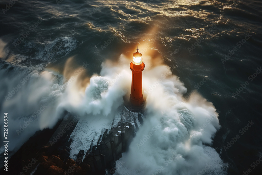 Huge waves splashing on lighthouse.