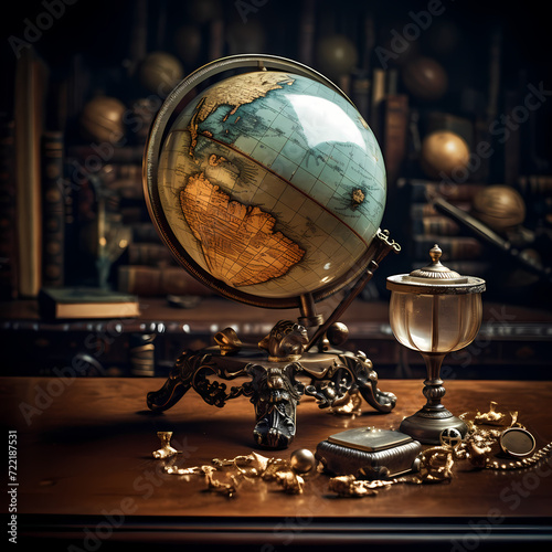 Antique globe with a magnifying glass.