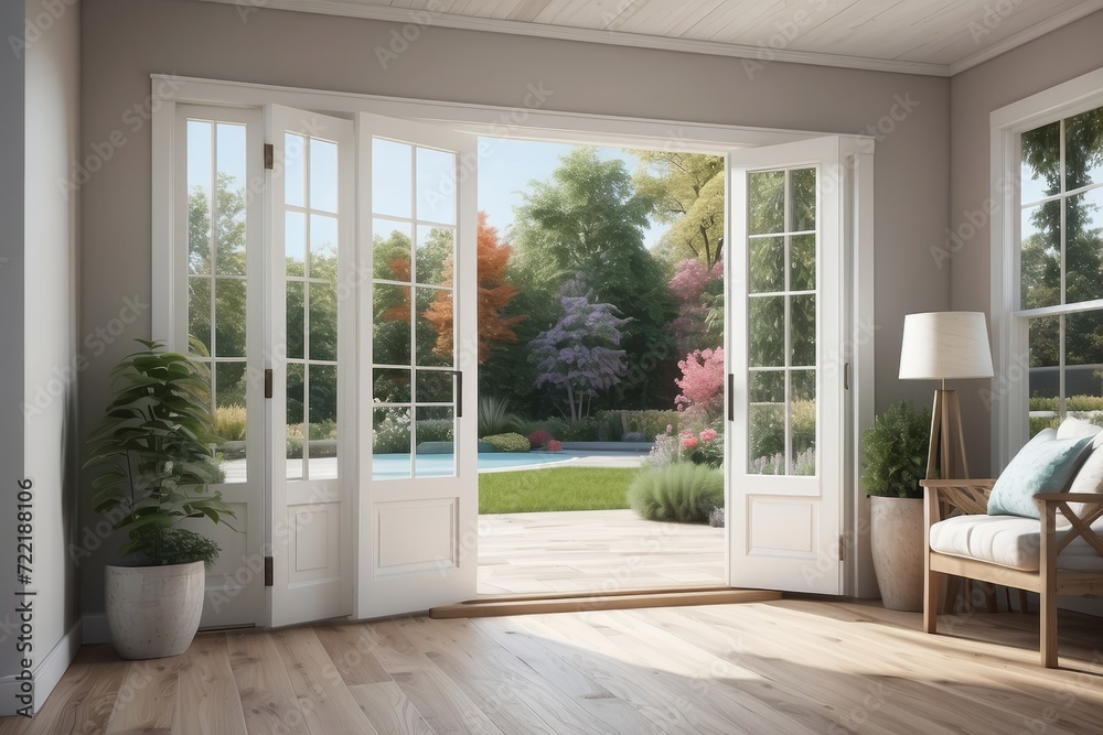 French doors to patio in cottage home - obrazy, fototapety, plakaty 