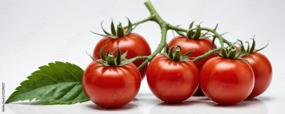 Fresh and juicy red wet tomatoes with vibrant green leaves on a clean and crisp, dark background.Banner design Fresh and juicy red wet tomatoes with vibrant green leaves on a clean and crisp, dark background.Banner design