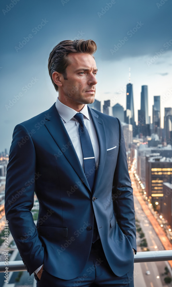 Professional photo shoot of business man in a suit standing in front of a cityscape with skyscrapers in the background Professional photo shoot of business man in a suit standing in front of a cityscape with skyscrapers in the background