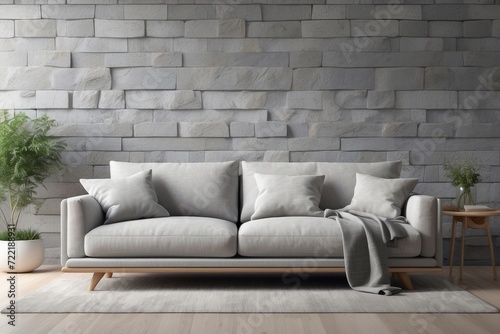 Light grey living room sofa with pillows in front of a natural stone wall