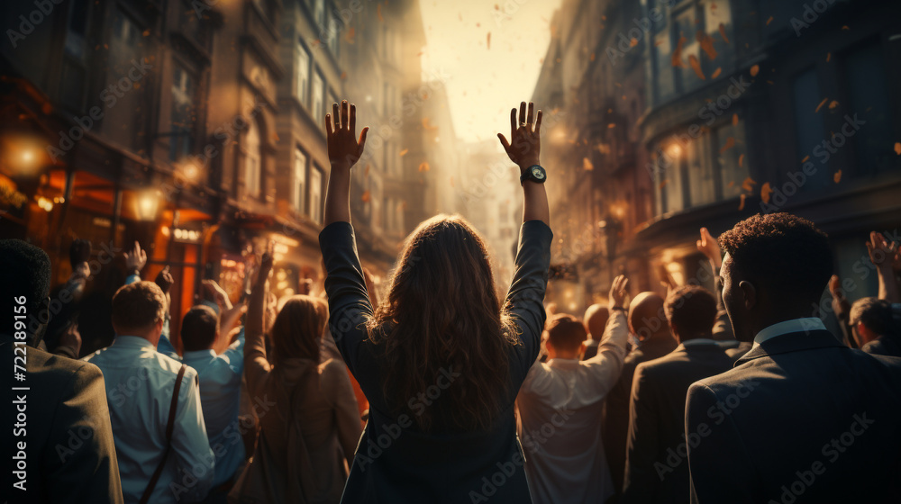 Obraz premium Rear view of the business teams their hands up showing a fist of victory while standing outdoors.