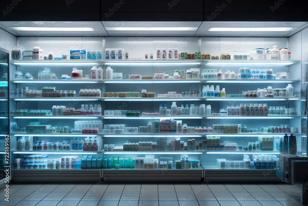 Pharmacy marble table counter with medicines healthcare product arranged on shelves in drugstore blurred defocused background Pharmacy marble table counter with medicines healthcare product arranged on shelves in drugstore blurred defocused background