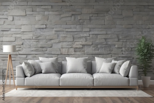 Light grey living room sofa with pillows in front of a natural stone wall