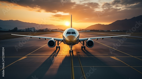 An airplane is landing on a runway at the airport in beautiful sunset light. photo