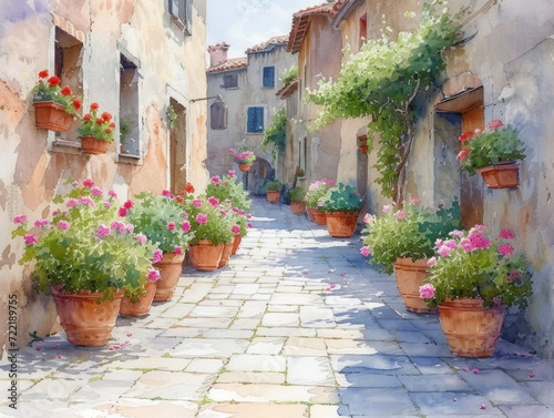 European Alleyway Watercolor