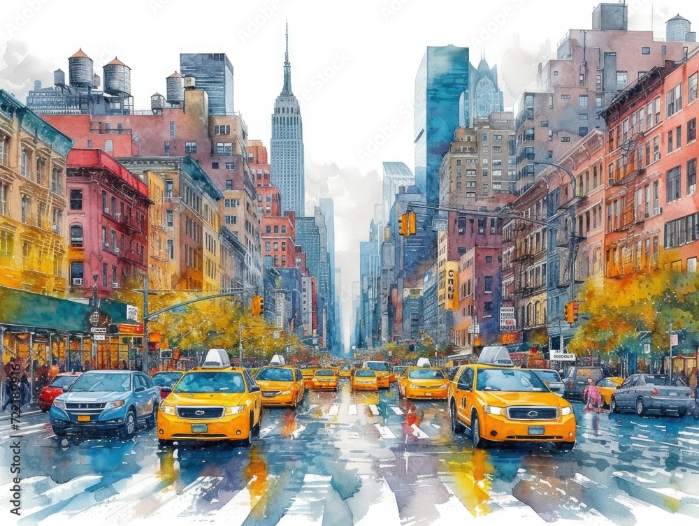 Busy New York Street Watercolor